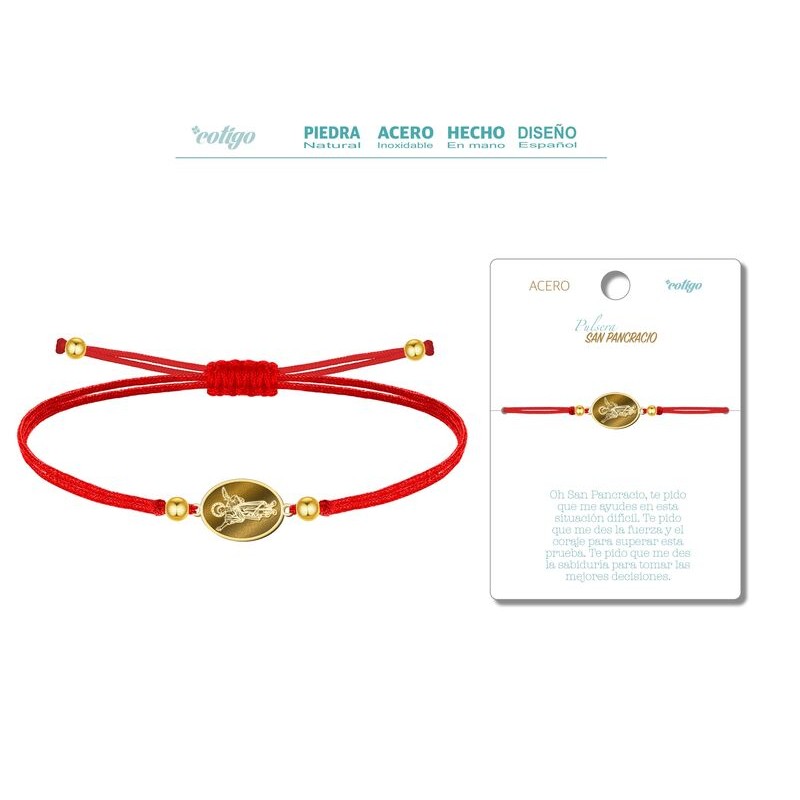 Pulsera Hilo Rojo San Pancracio Color Dorado  - Coleccion Medalla de Santos